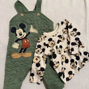 Disney Green Quilted Mickey Overalls and Cream Mickey Top Set